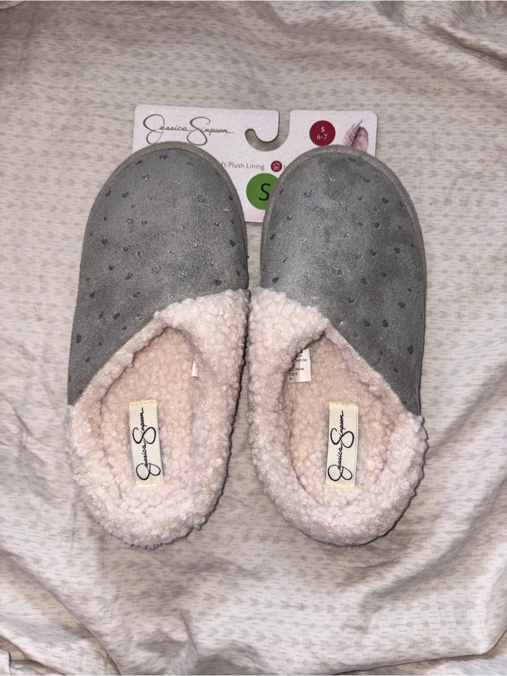 Jessica Simpson Gray Slip-On Plush-Lined Slippers with Sparkle Dots